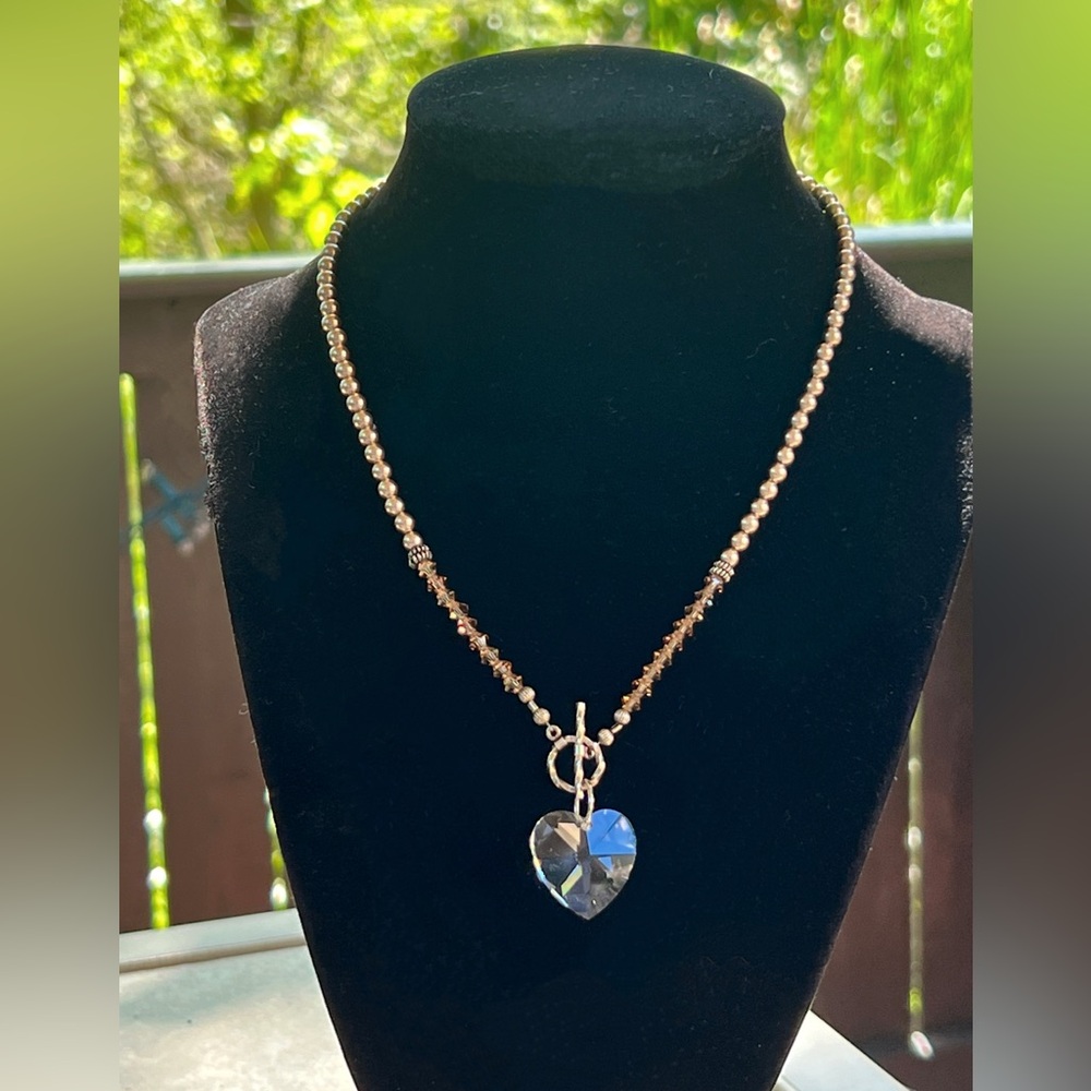 Crystal Swarovski Heart Faux Champagne Pearl Choker Necklace